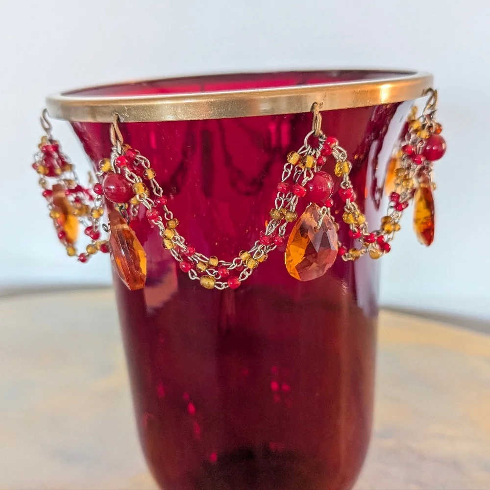 Vintage Exquisite Ruby Satin Glass Dangling Drape Beads Vase Glam Decor Regency